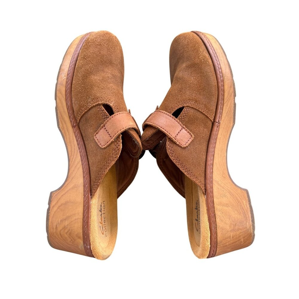 Clarks Collection Paizlee Nora Mules Clogs Size 10 Tan Wood Shoes Boho Suede - Picture 7 of 11
